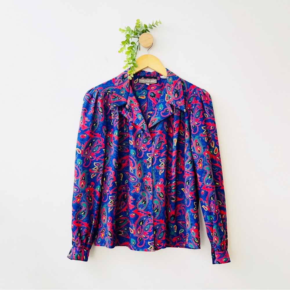 Vintage Lady Manhattan Colorful Paisley Button Front Secretary Blouse